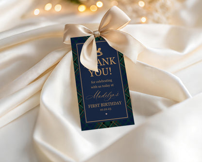 Classic Rocking Horse Birthday Party Favor Tags Template, Blue Tartan Plaid First Birthday Party, Old Money Timeless Bday Celebration WP1087