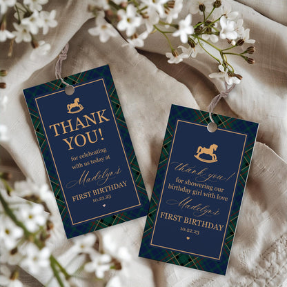 Classic Rocking Horse Birthday Party Favor Tags Template, Blue Tartan Plaid First Birthday Party, Old Money Timeless Bday Celebration WP1087