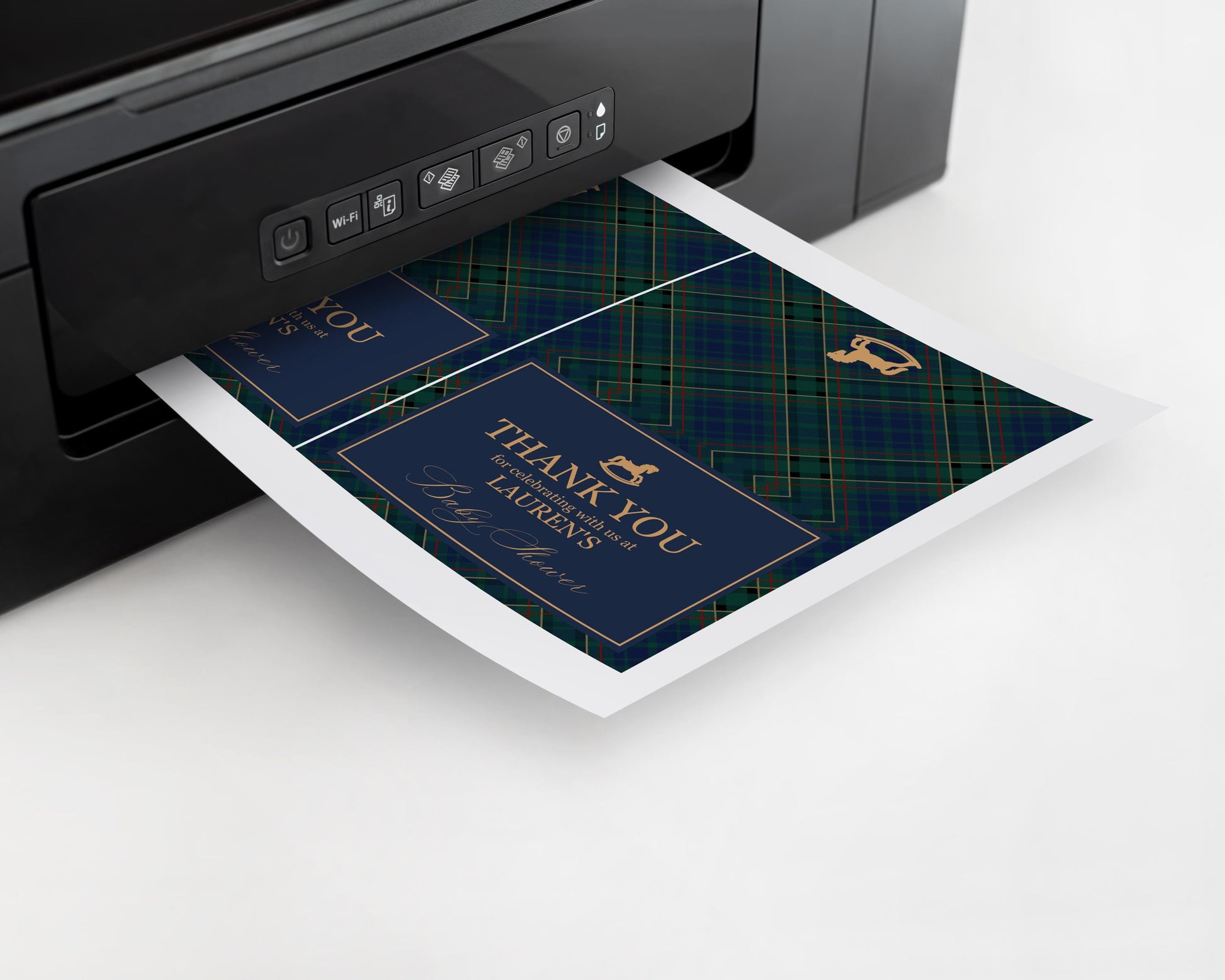 Classic Rocking Horse Thank You Card Template, Blue Tartan Plaid Baby Shower, Old Money Timeless First Birthday Party WP1087