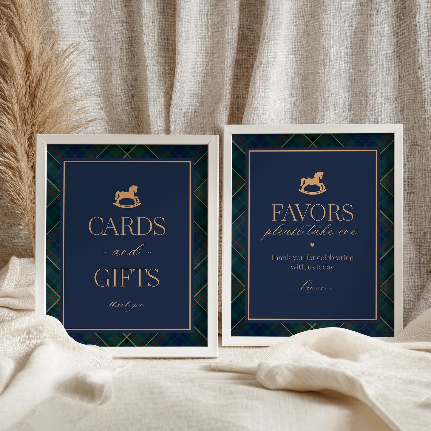 Classic Rocking Horse Cards & Gifts and Favors Sign Template, Blue Tartan Plaid Baby Shower, Old Money Timeless First Birthday Party WP1087