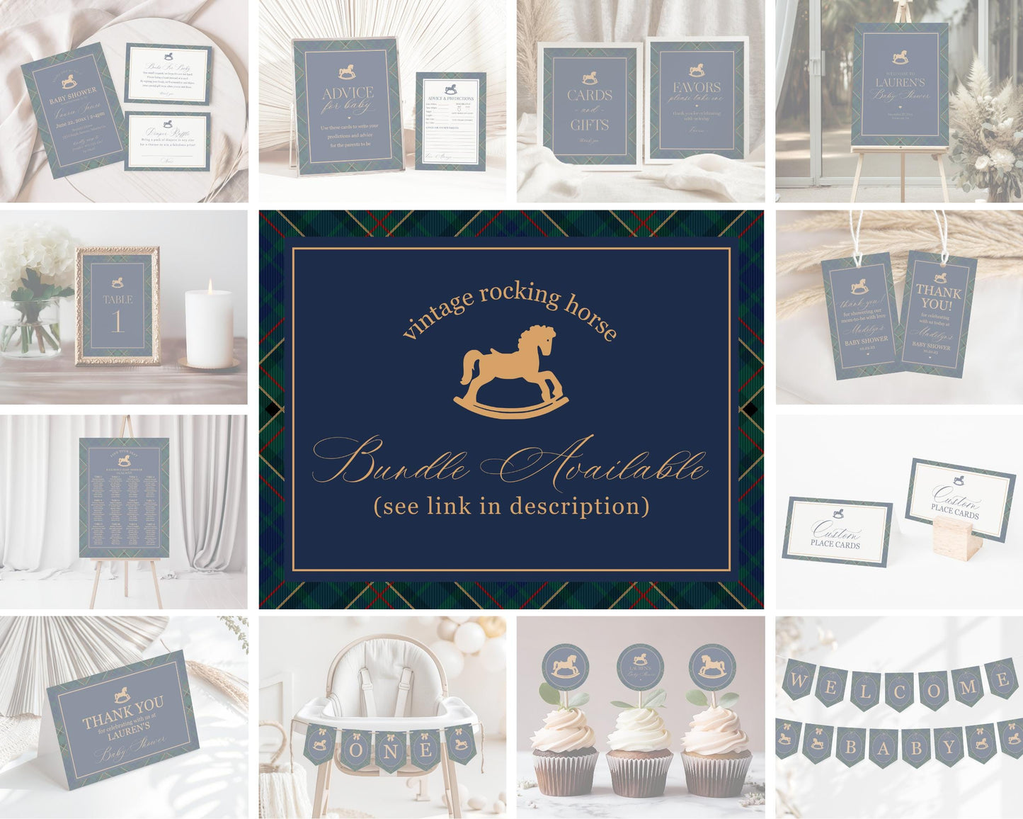 Classic Rocking Horse Cards & Gifts and Favors Sign Template, Blue Tartan Plaid Baby Shower, Old Money Timeless First Birthday Party WP1087