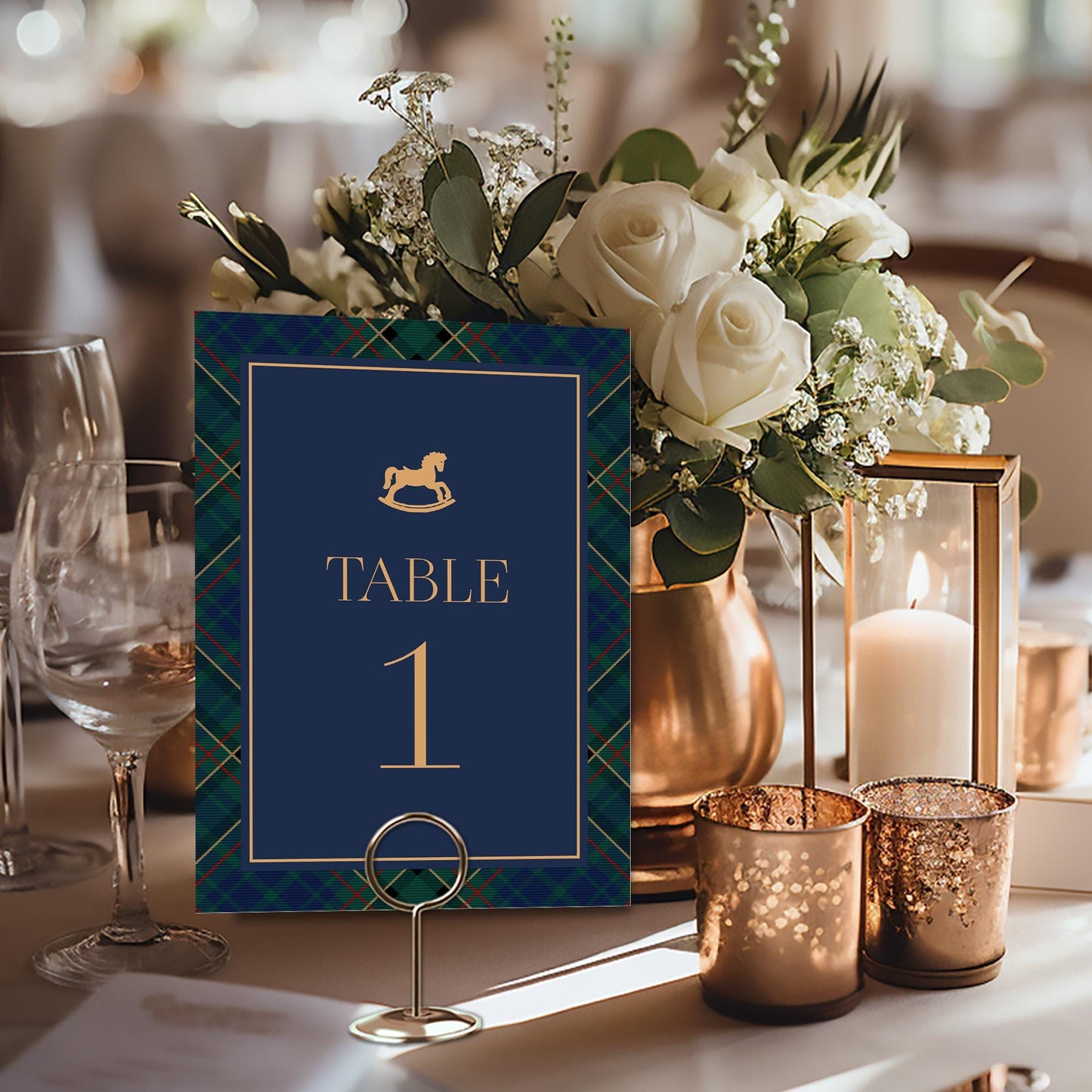 Classic Rocking Horse Table Number Cards Template, Blue Tartan Plaid Baby Shower, Old Money Timeless First Birthday Party WP1087