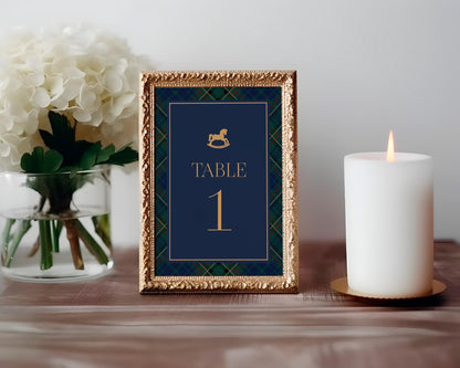 Classic Rocking Horse Table Number Cards Template, Blue Tartan Plaid Baby Shower, Old Money Timeless First Birthday Party WP1087