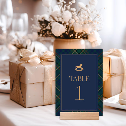 Classic Rocking Horse Table Number Cards Template, Blue Tartan Plaid Baby Shower, Old Money Timeless First Birthday Party WP1087