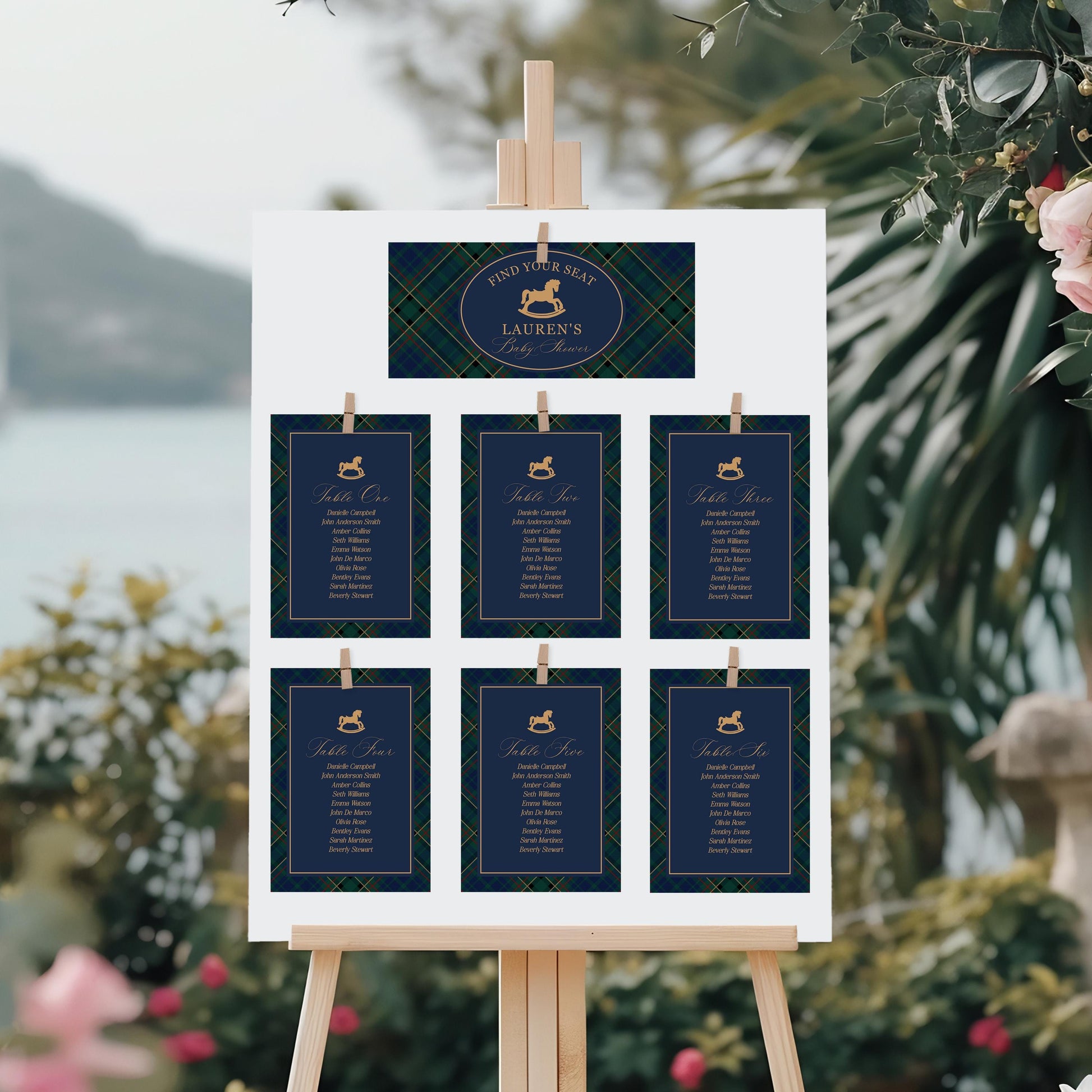 Classic Rocking Horse Seating Chart Poster Template, Blue Tartan Plaid Baby Shower, Old Money Timeless First Birthday Party WP1087