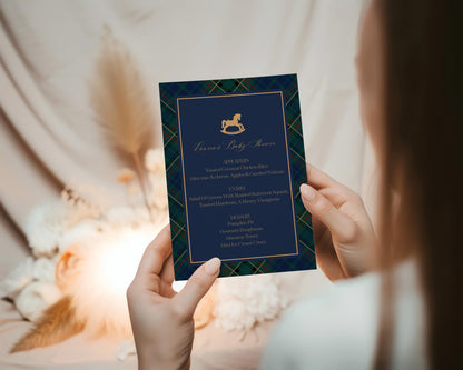 Classic Rocking Horse Menu Template, Blue Tartan Plaid Baby Shower, Old Money Timeless First Birthday Party WP1087