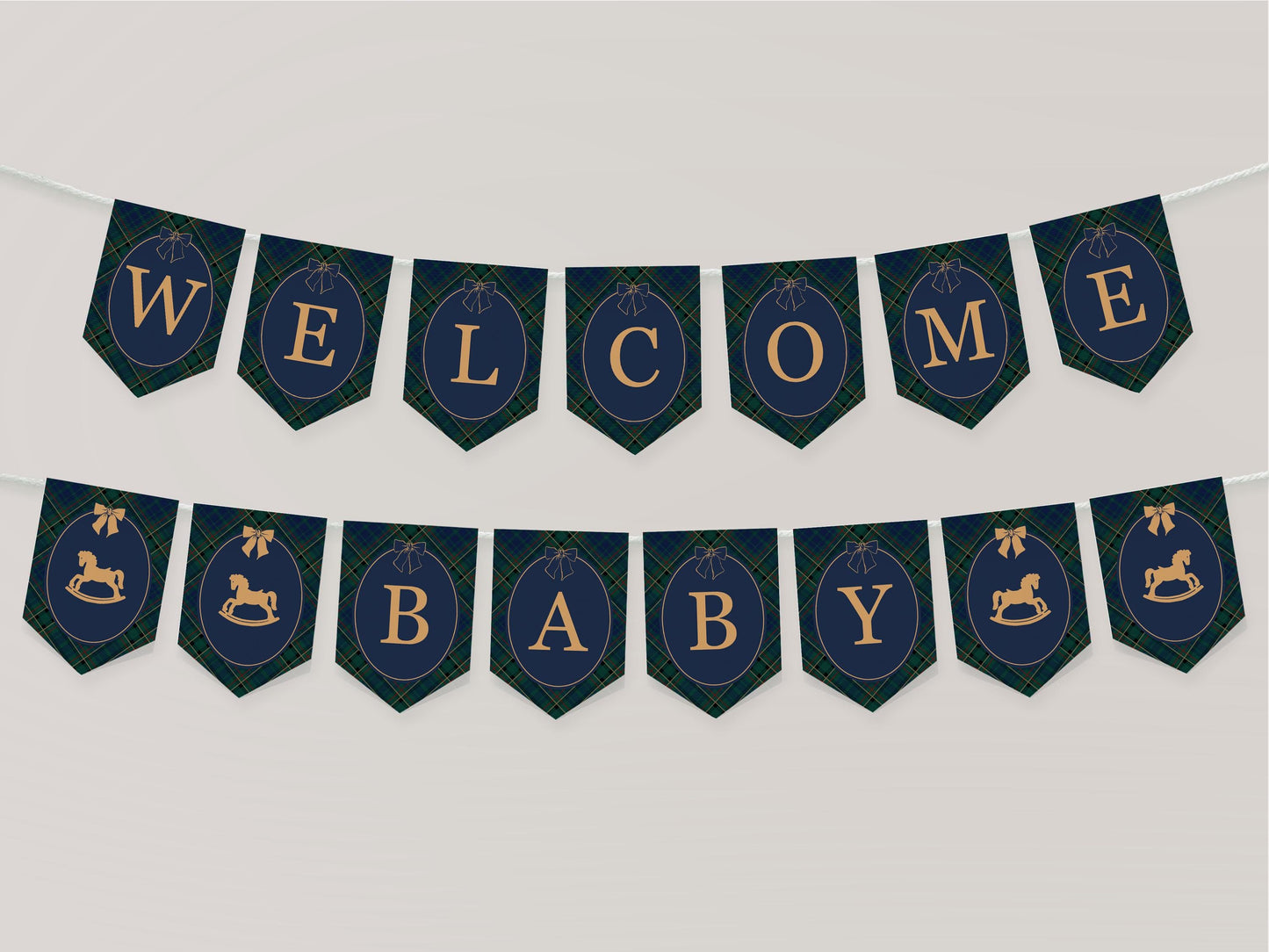 Classic Rocking Horse Baby Shower Banner Template, Blue Tartan Plaid Baby Sprinkle, Old Money Style Brunch with Mom to Be WP1087