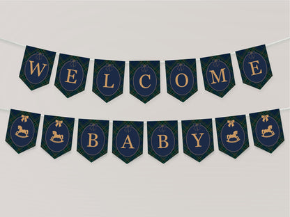 Classic Rocking Horse Baby Shower Banner Template, Blue Tartan Plaid Baby Sprinkle, Old Money Style Brunch with Mom to Be WP1087