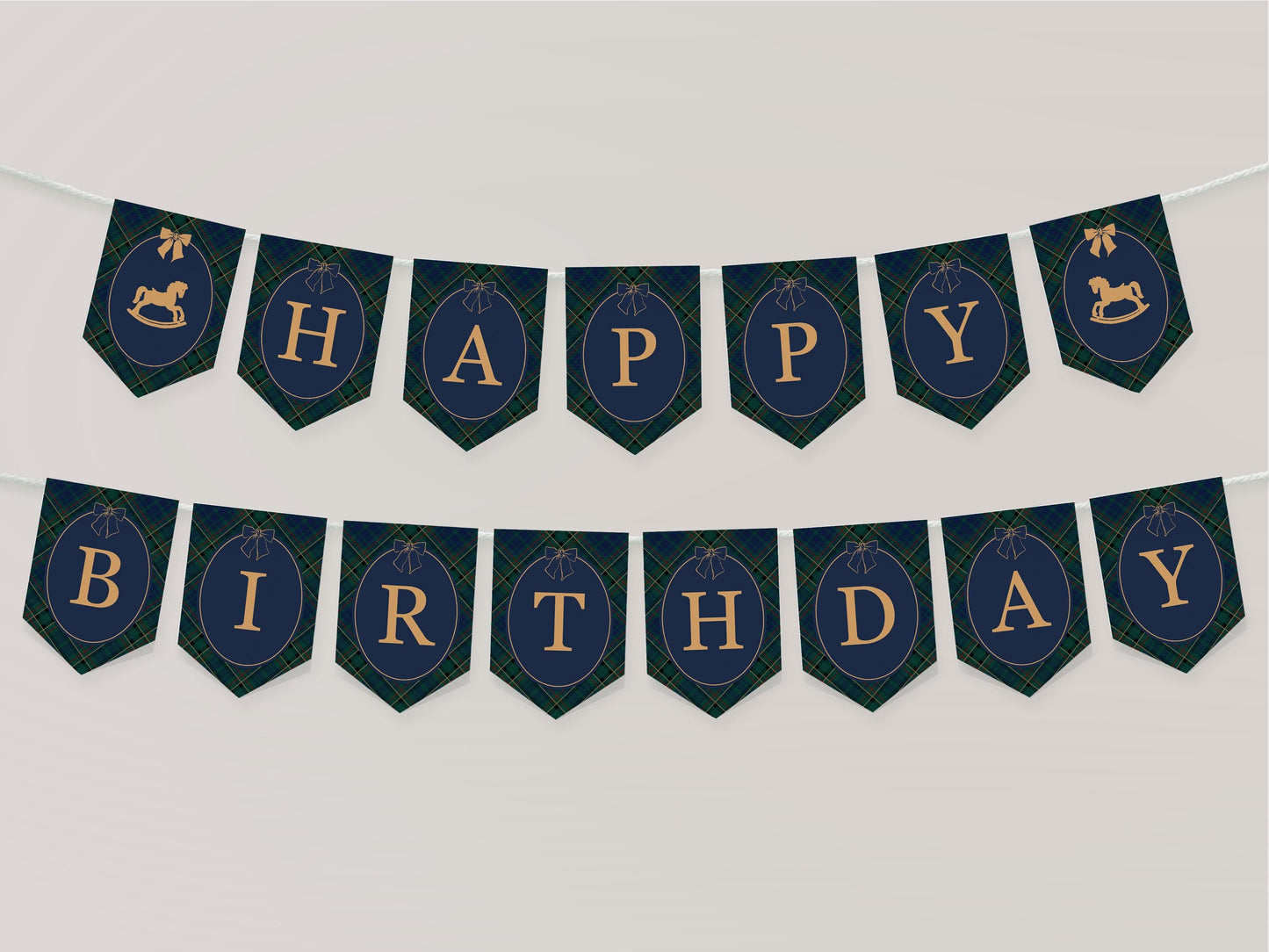 Classic Rocking Horse Birthday Banner Template, Blue Tartan Plaid First Birthday Party, Old Money Timeless Bday Celebration WP1087