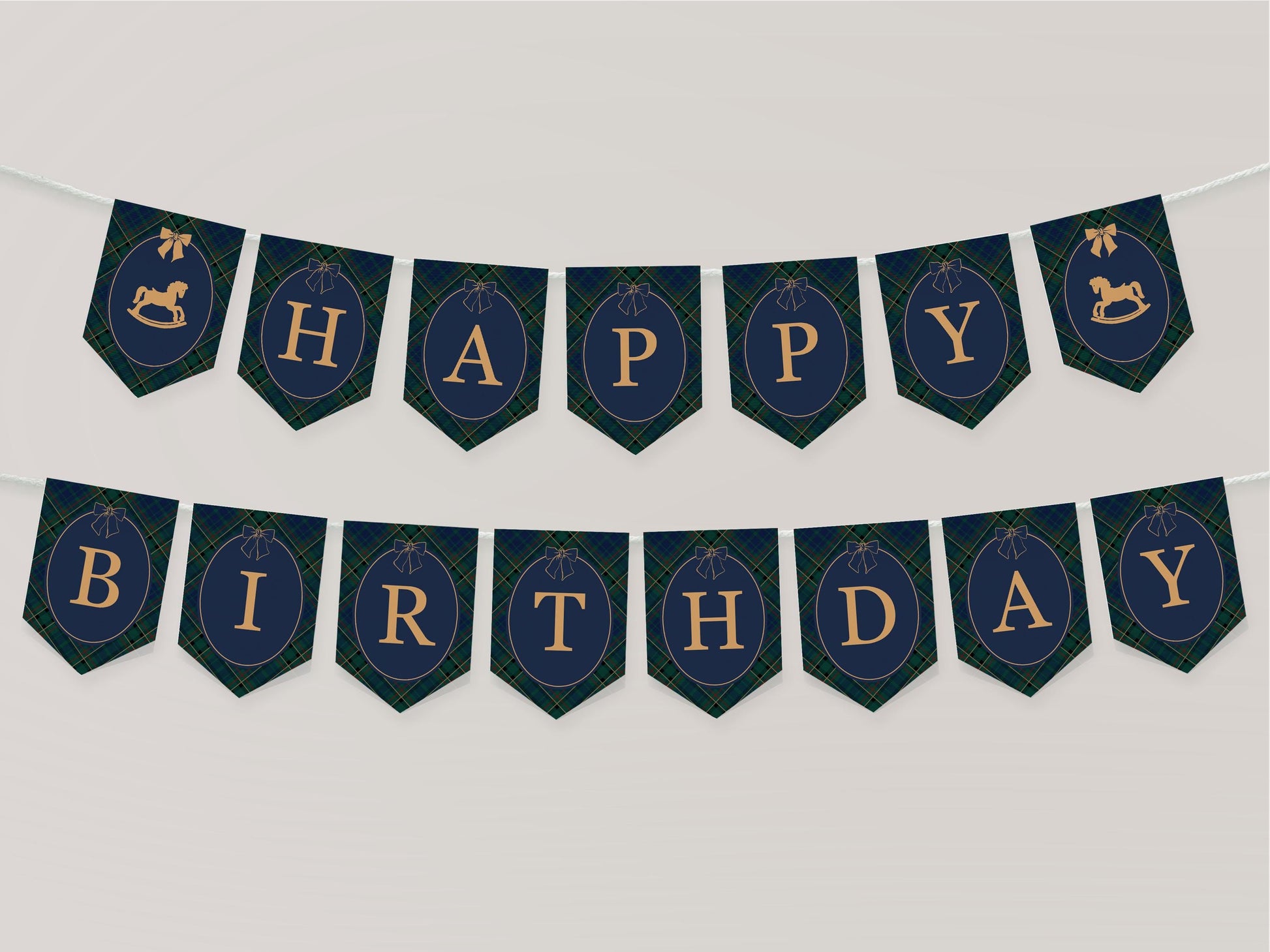 Classic Rocking Horse Birthday Banner Template, Blue Tartan Plaid First Birthday Party, Old Money Timeless Bday Celebration WP1087
