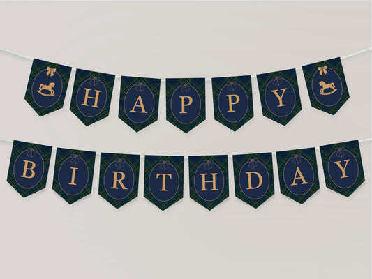 Classic Rocking Horse Birthday Banner Template, Blue Tartan Plaid First Birthday Party, Old Money Timeless Bday Celebration WP1087