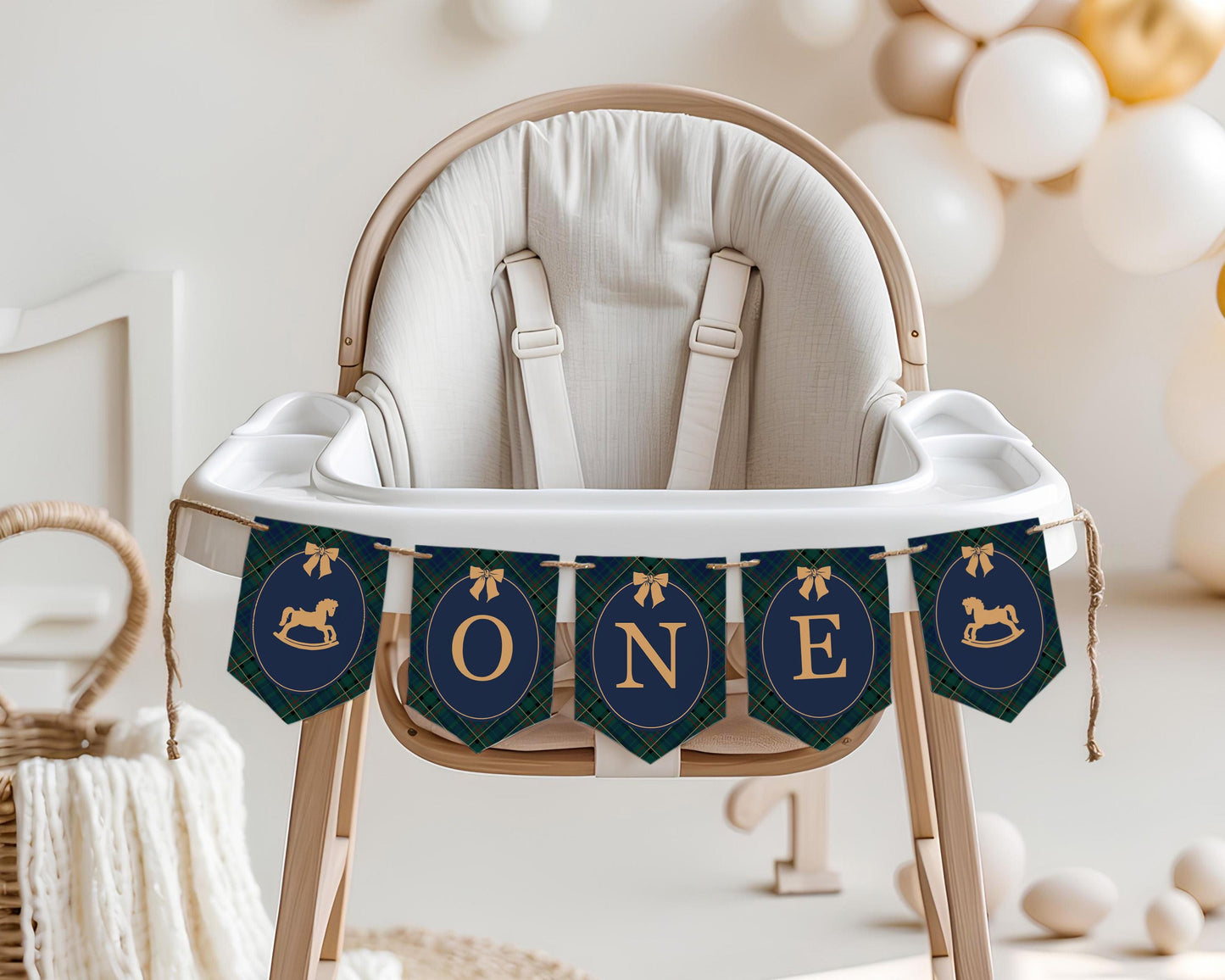 Classic Rocking Horse 1st Birthday Highchair Banner Template, Blue Tartan Plaid First Birthday Party, Old Money Timeless Bday Party WP1087