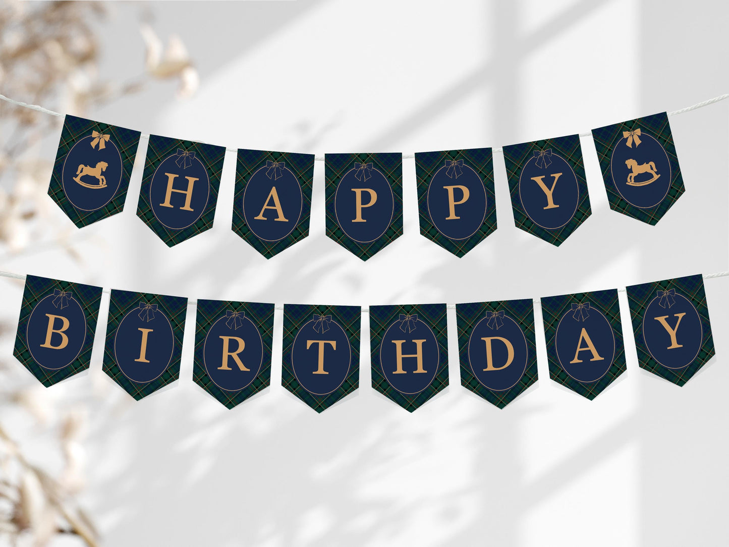Classic Rocking Horse 1st Birthday Highchair Banner Template, Blue Tartan Plaid First Birthday Party, Old Money Timeless Bday Party WP1087