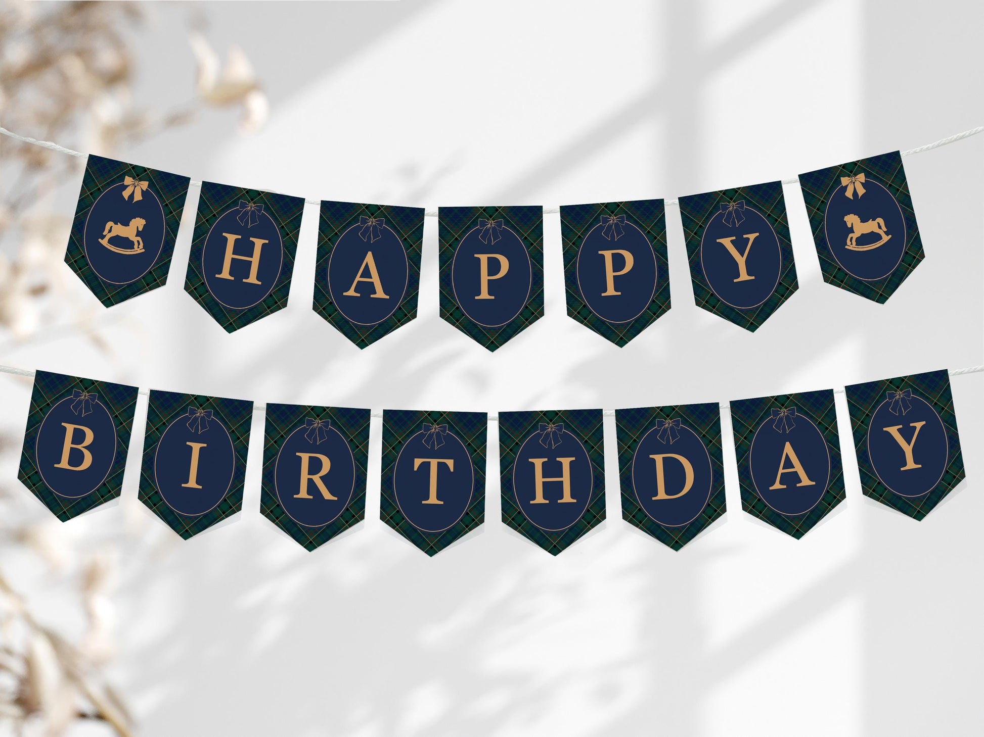 Classic Rocking Horse Birthday Banner Template, Blue Tartan Plaid First Birthday Party, Old Money Timeless Bday Celebration WP1087