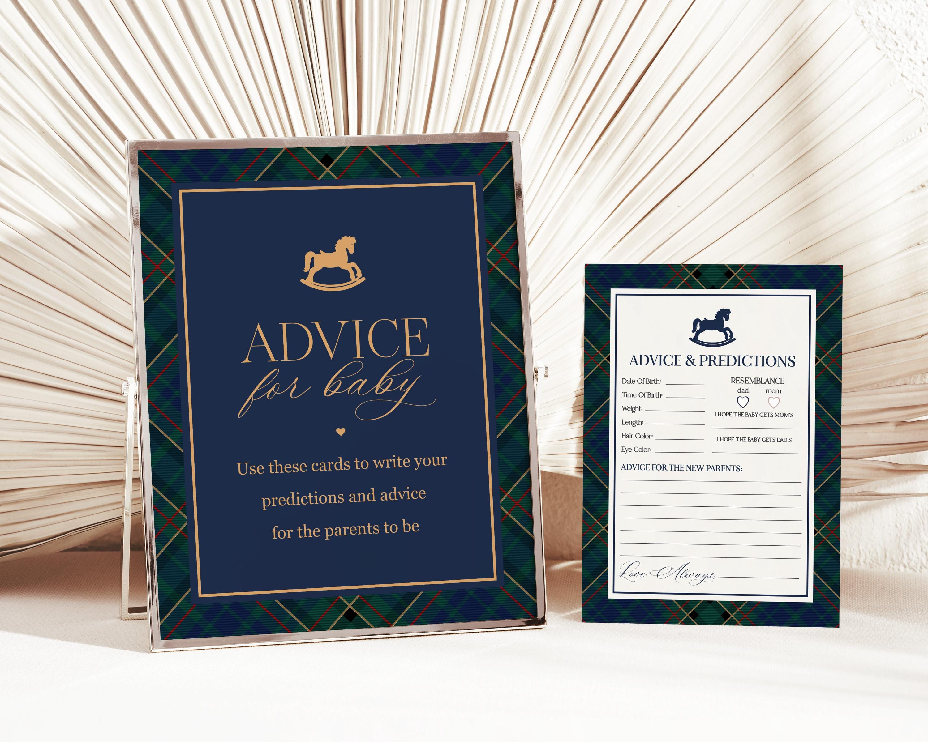 Classic Rocking Horse Advice for Baby Cards Template, Blue Tartan Plaid Baby Sprinkle, Old Money Style Brunch with Mom to Be WP1087