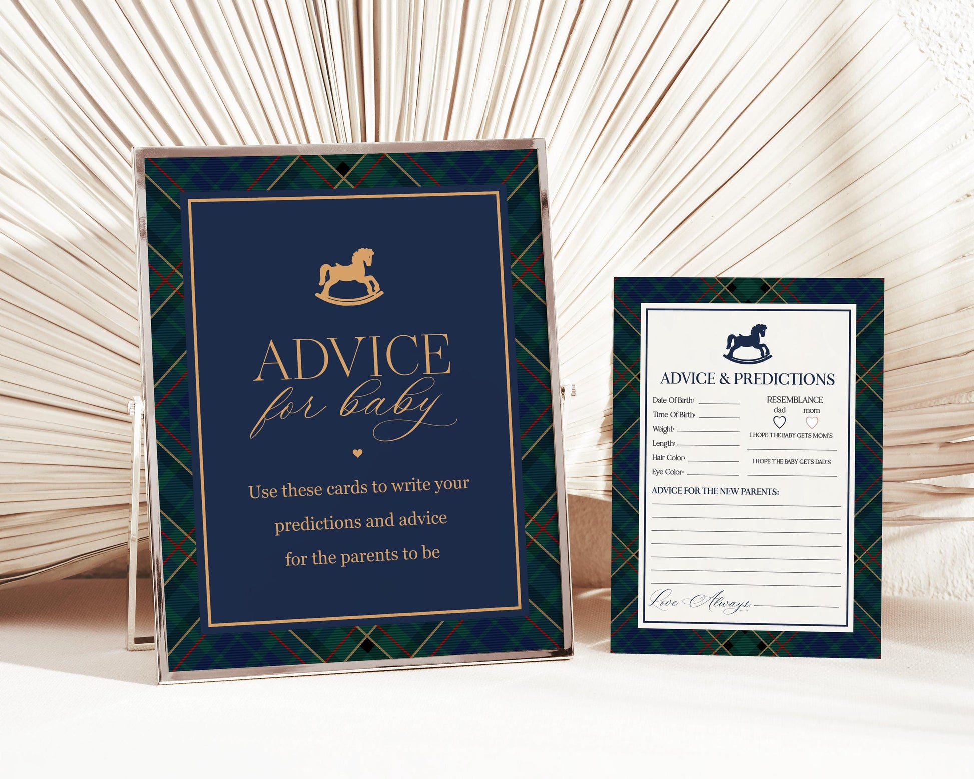 Classic Rocking Horse Advice for Baby Cards Template, Blue Tartan Plaid Baby Sprinkle, Old Money Style Brunch with Mom to Be WP1087