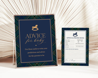 Classic Rocking Horse Advice for Baby Cards Template, Blue Tartan Plaid Baby Sprinkle, Old Money Style Brunch with Mom to Be WP1087