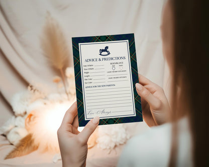 Classic Rocking Horse Advice for Baby Cards Template, Blue Tartan Plaid Baby Sprinkle, Old Money Style Brunch with Mom to Be WP1087