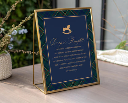 Classic Rocking Horse Baby Shower Diaper Thoughts Sign Template, Blue Tartan Plaid Baby Sprinkle, Old Money Style Brunch WP1087