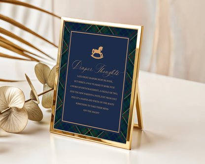 Classic Rocking Horse Baby Shower Diaper Thoughts Sign Template, Blue Tartan Plaid Baby Sprinkle, Old Money Style Brunch WP1087