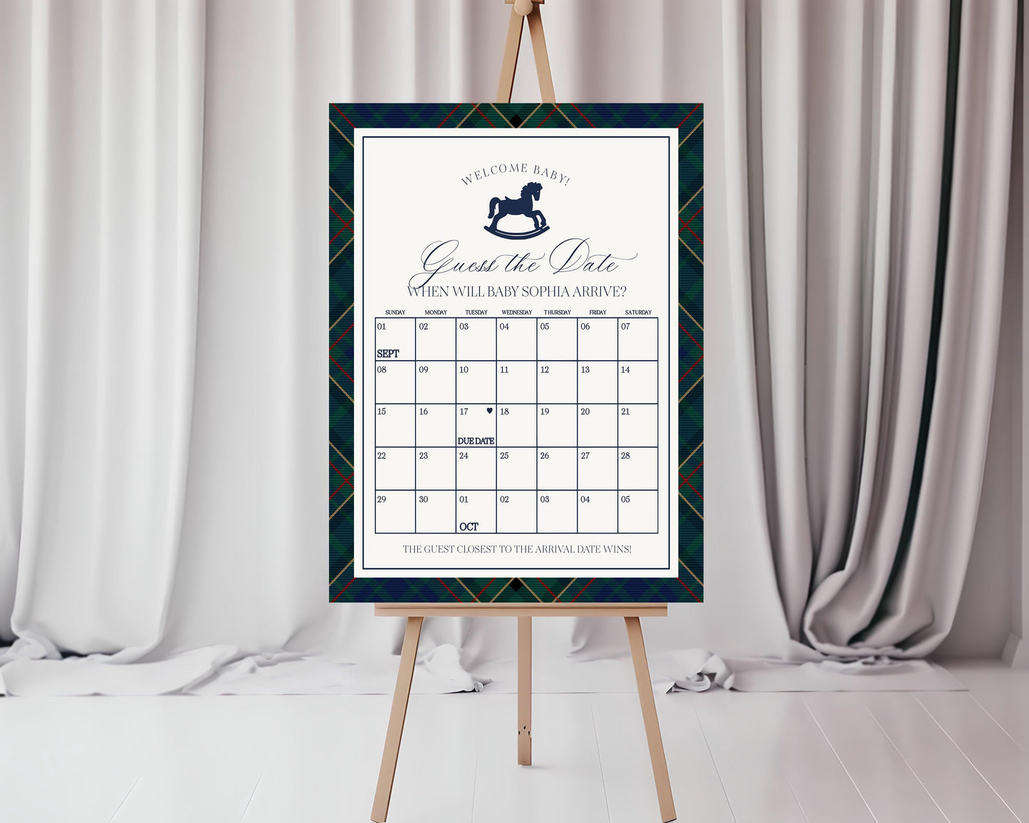 Classic Rocking Horse Baby Shower Guess the Date Game Template, Blue Tartan Plaid Baby Sprinkle, Old Money Style Brunch WP1087