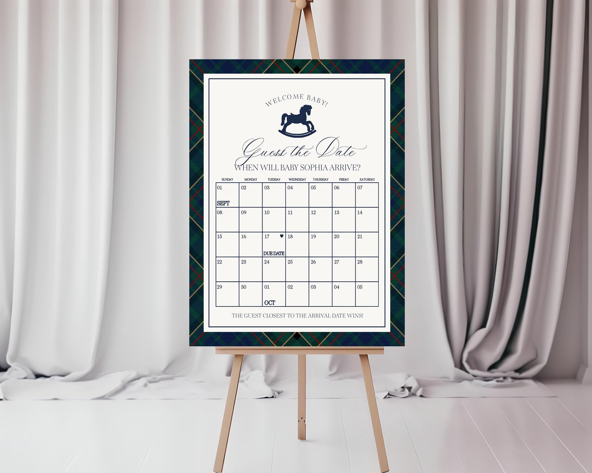 Classic Rocking Horse Baby Shower Guess the Date Game Template, Blue Tartan Plaid Baby Sprinkle, Old Money Style Brunch WP1087