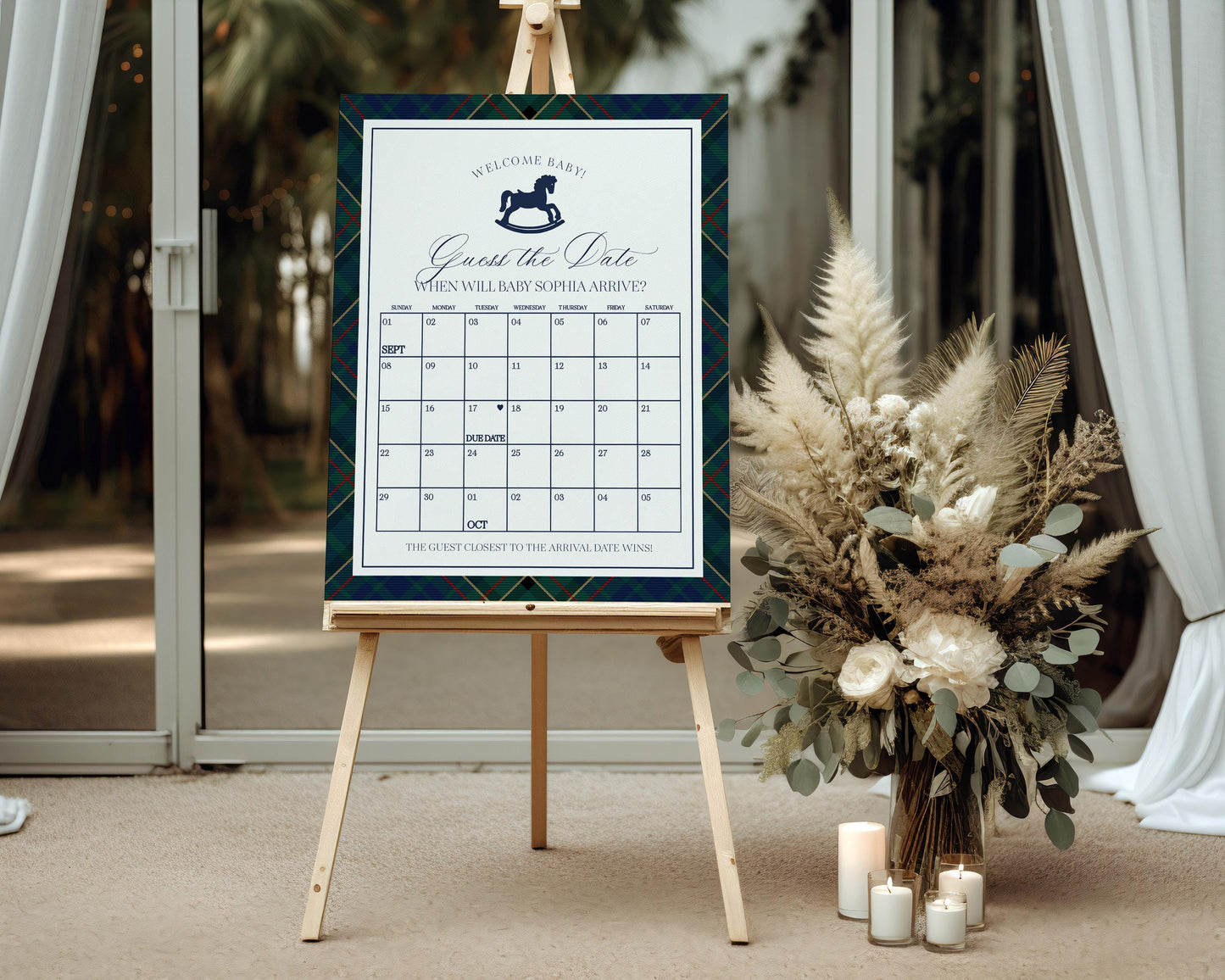 Classic Rocking Horse Baby Shower Guess the Date Game Template, Blue Tartan Plaid Baby Sprinkle, Old Money Style Brunch WP1087