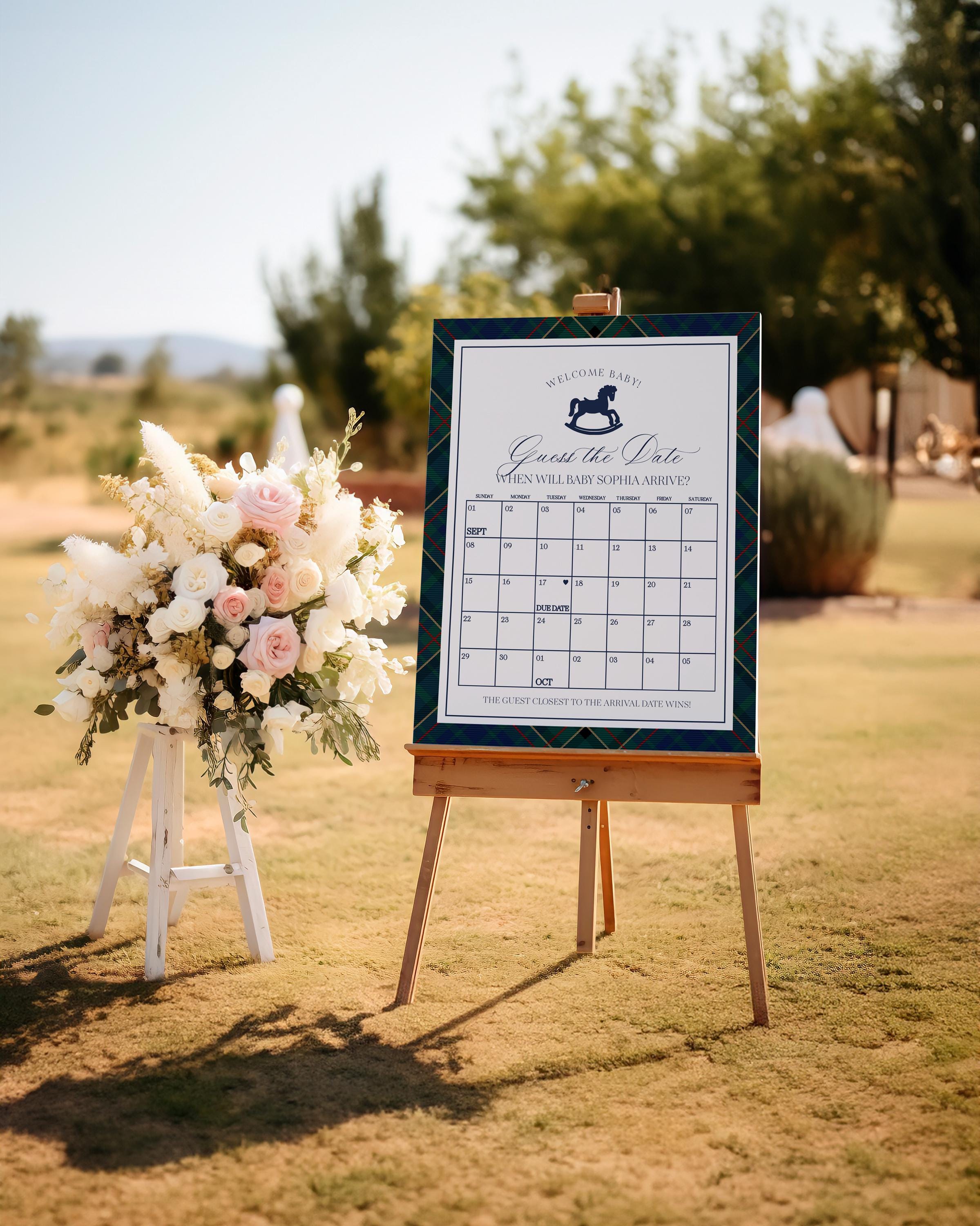 Classic Rocking Horse Baby Shower Guess the Date Game Template, Blue Tartan Plaid Baby Sprinkle, Old Money Style Brunch WP1087