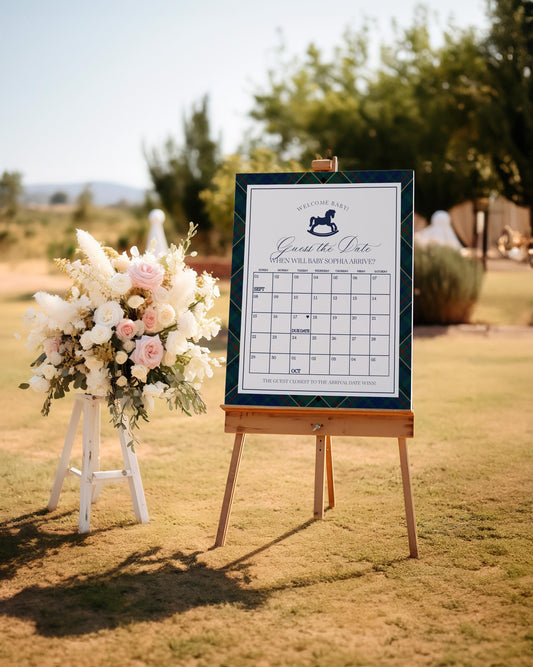 Classic Rocking Horse Baby Shower Guess the Date Game Template, Blue Tartan Plaid Baby Sprinkle, Old Money Style Brunch WP1087