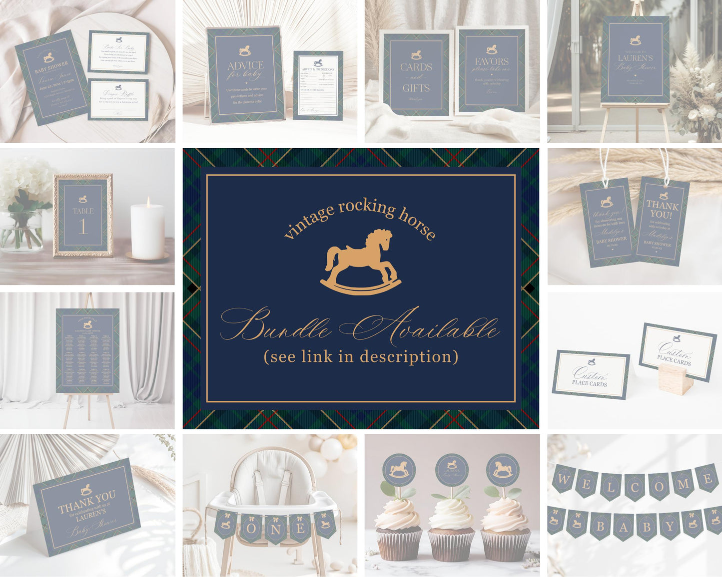 Classic Rocking Horse Baby Shower Guess the Date Game Template, Blue Tartan Plaid Baby Sprinkle, Old Money Style Brunch WP1087