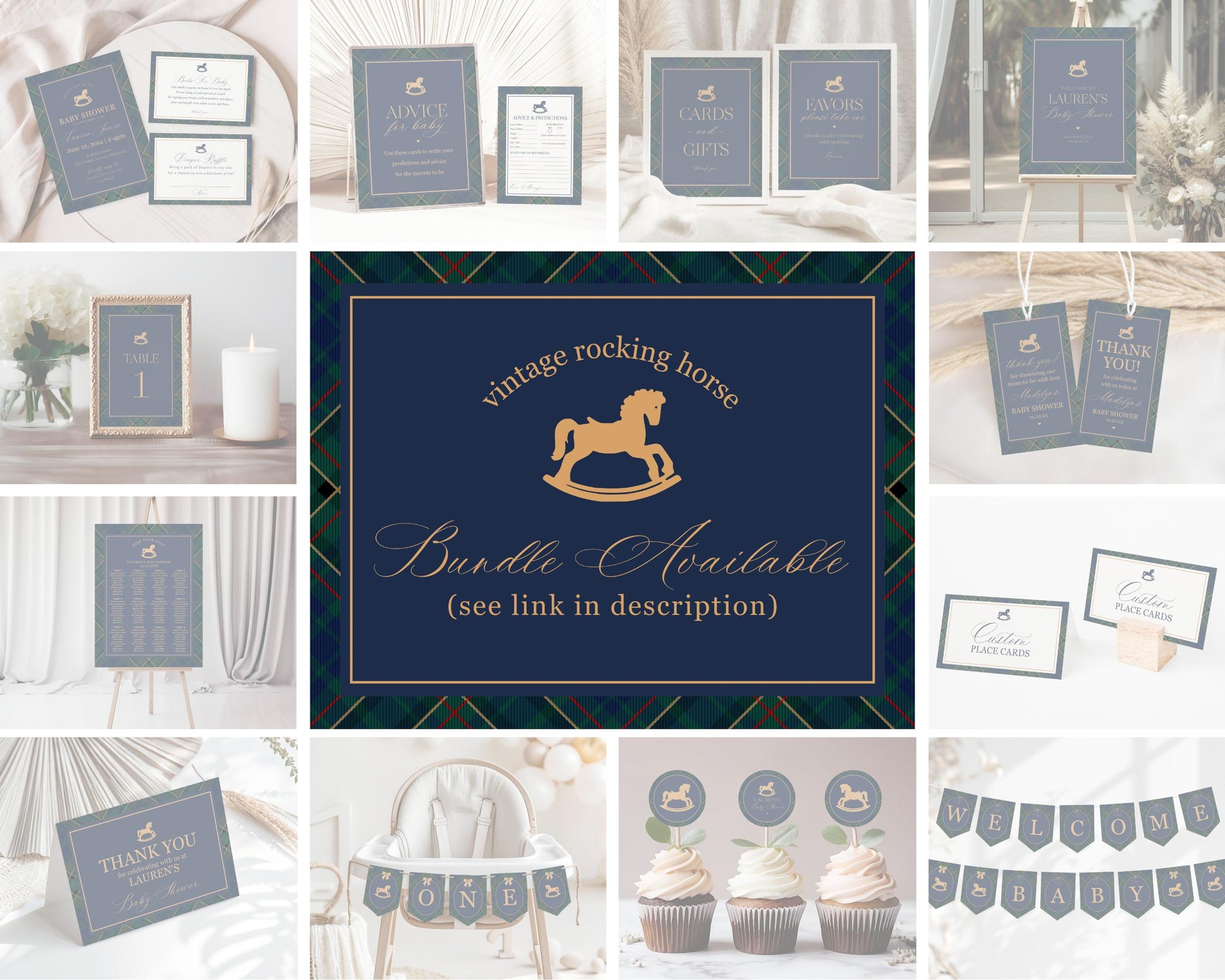 Classic Rocking Horse Baby Shower Guess the Date Game Template, Blue Tartan Plaid Baby Sprinkle, Old Money Style Brunch WP1087