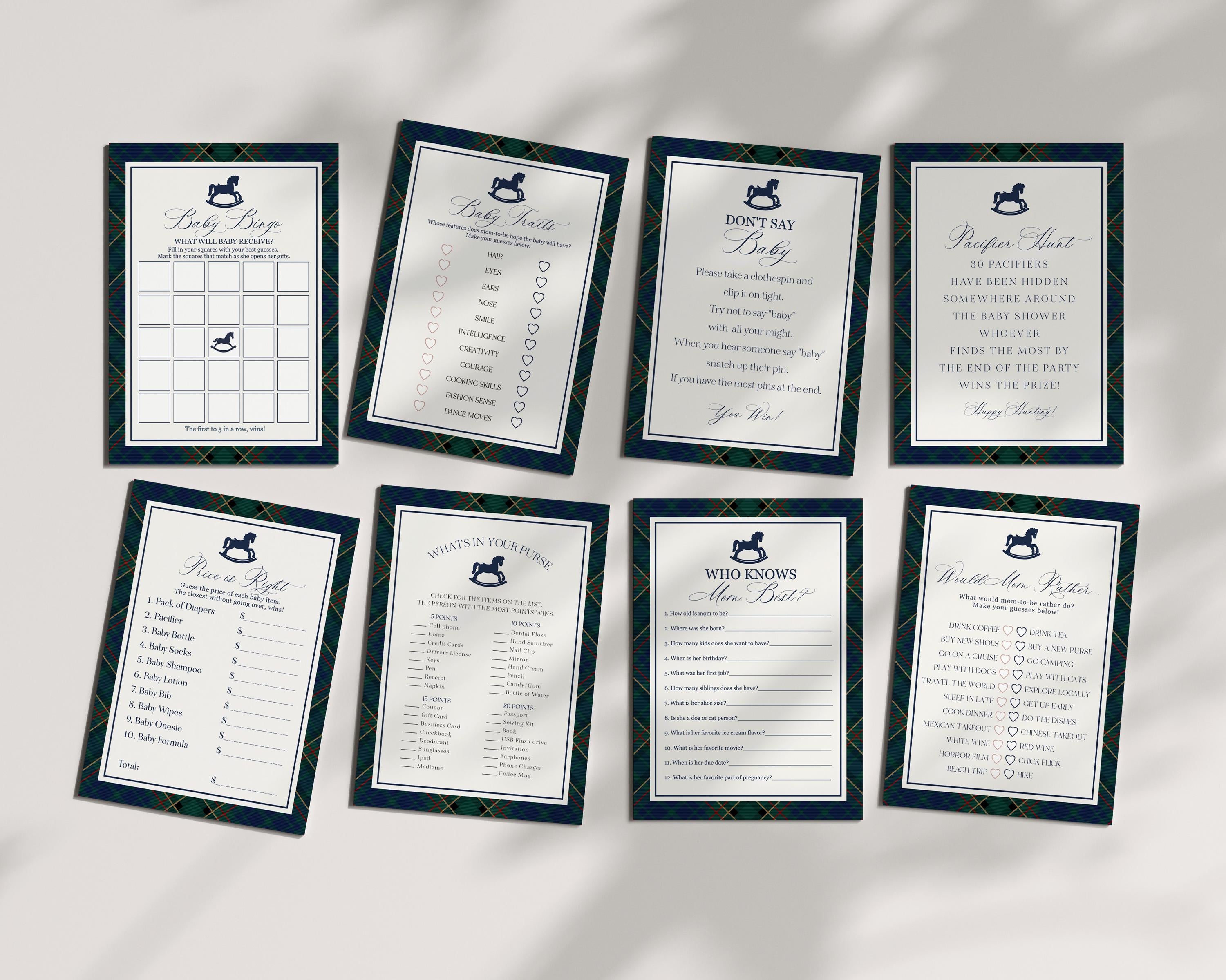 Classic Rocking Horse Baby Shower Games Template, Blue Tartan Plaid Baby Sprinkle, Old Money Style Brunch with Mom to Be WP1087