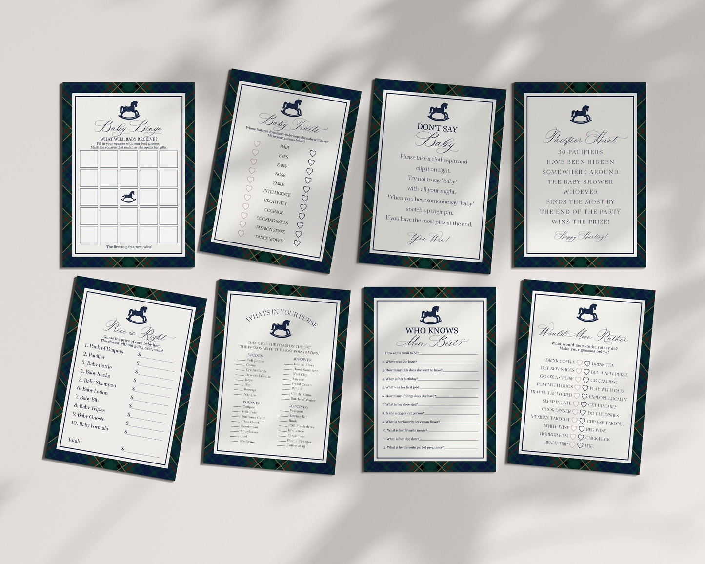 Classic Rocking Horse Baby Shower Games Template, Blue Tartan Plaid Baby Sprinkle, Old Money Style Brunch with Mom to Be WP1087