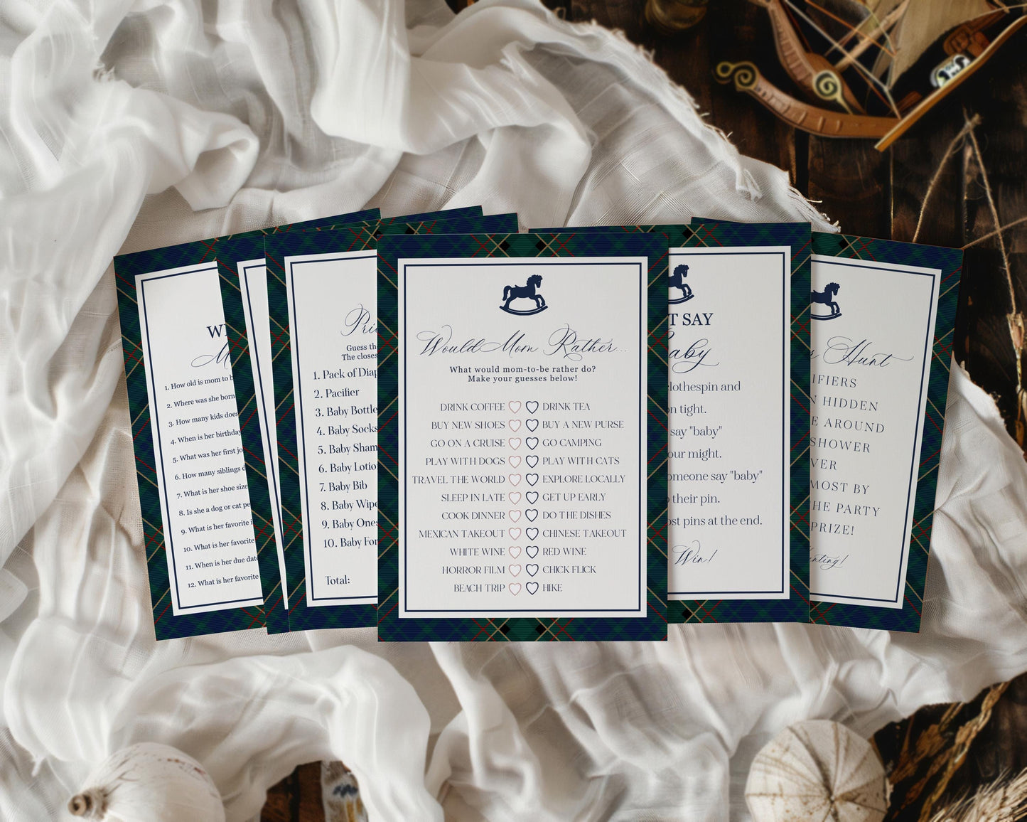 Classic Rocking Horse Baby Shower Games Template, Blue Tartan Plaid Baby Sprinkle, Old Money Style Brunch with Mom to Be WP1087