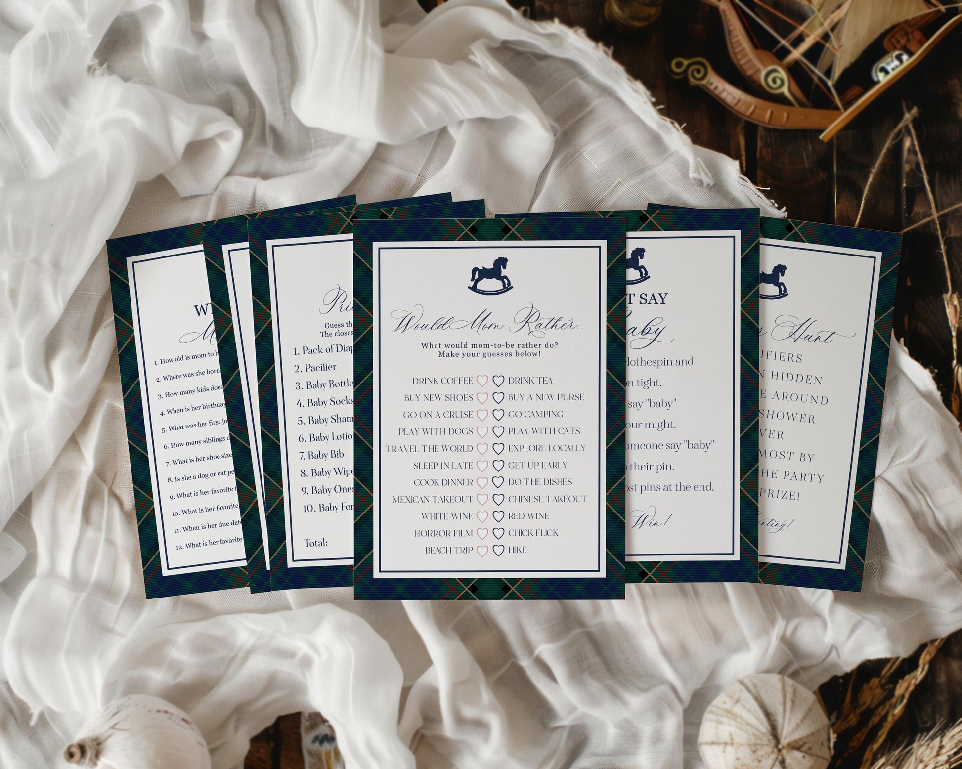 Classic Rocking Horse Baby Shower Games Template, Blue Tartan Plaid Baby Sprinkle, Old Money Style Brunch with Mom to Be WP1087