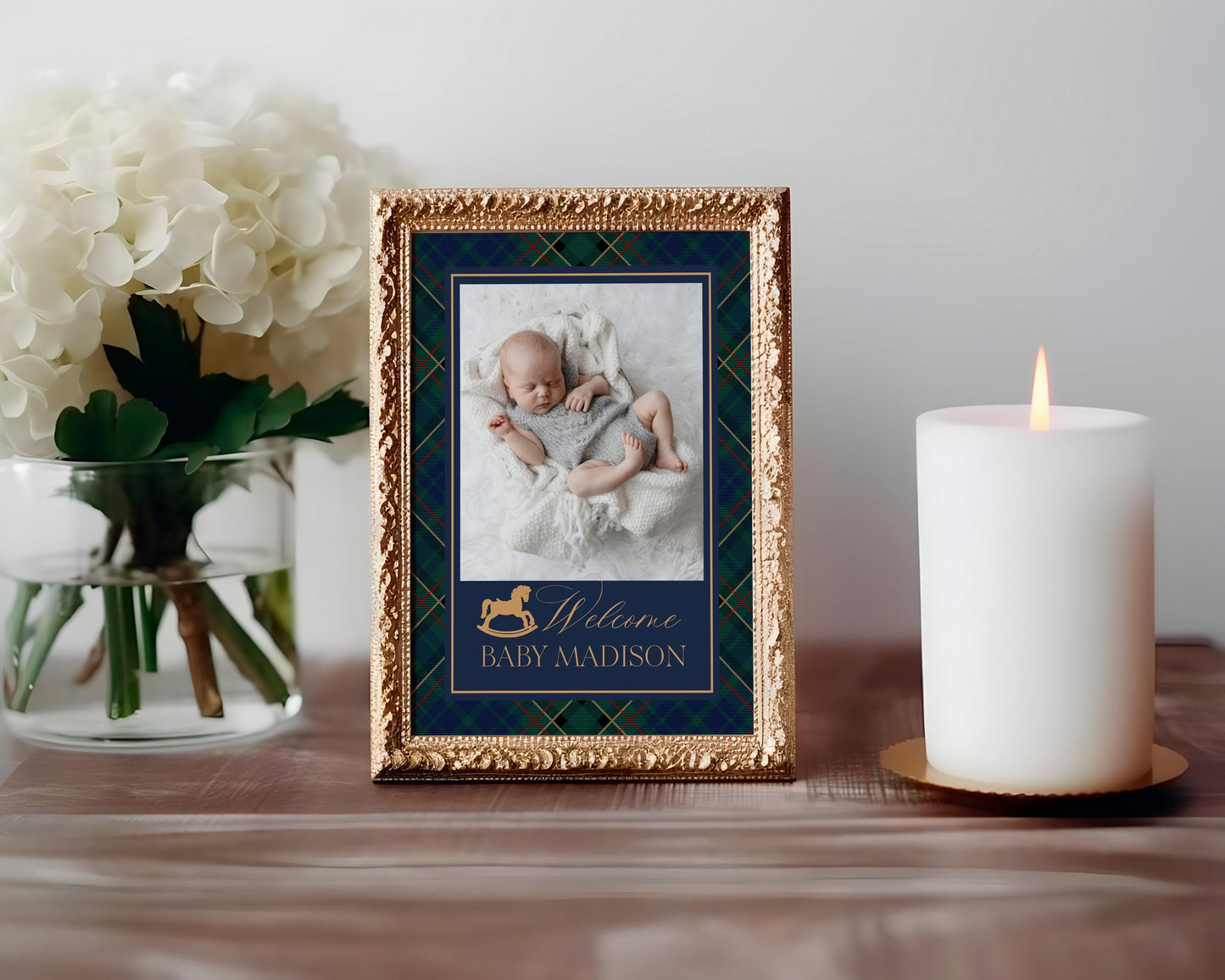 Classic Rocking Horse 1st Birthday Milestone Banner Template, Blue Tartan Plaid First Birthday Party, Old Money Timeless Bday Party WP1087