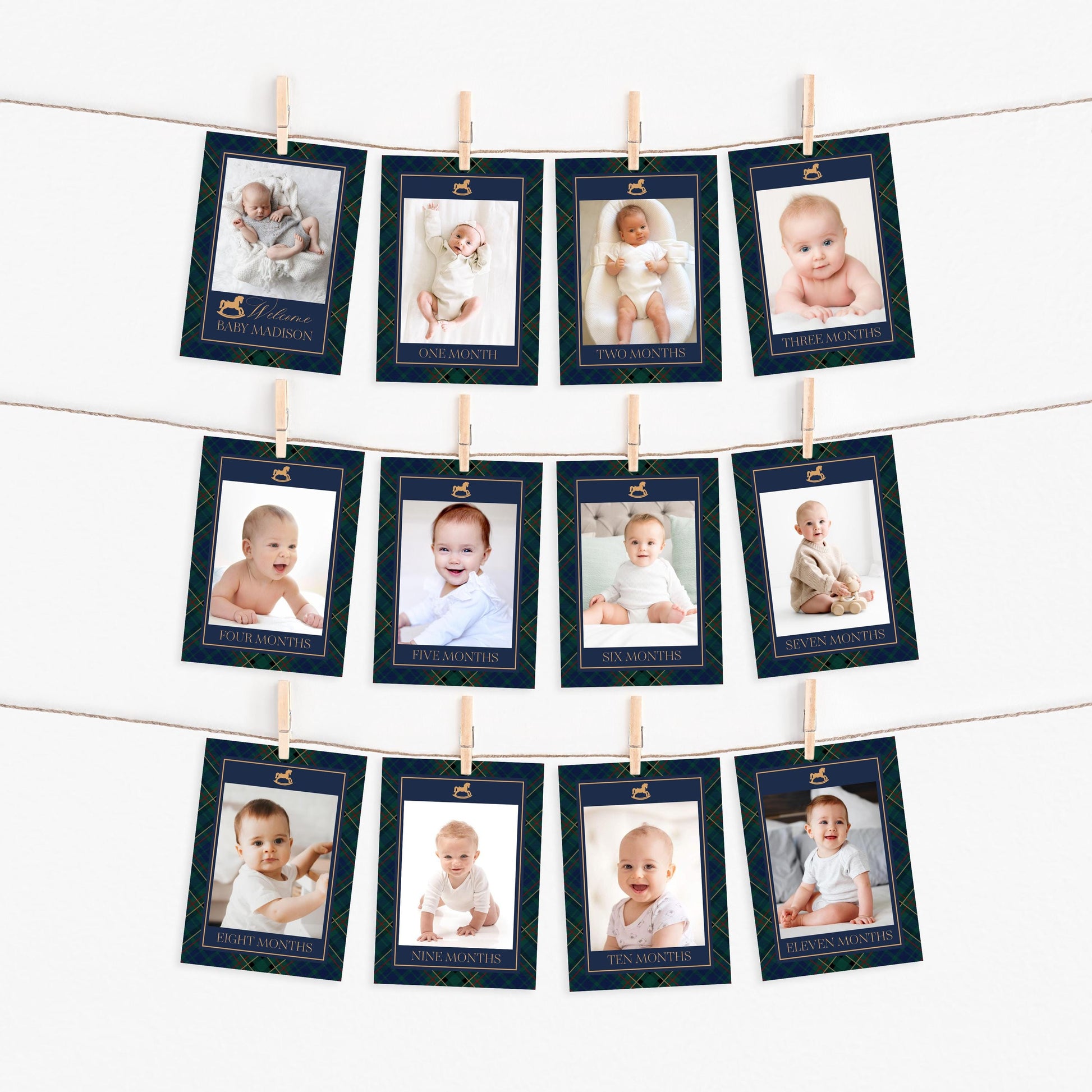 Classic Rocking Horse 1st Birthday Milestone Banner Template, Blue Tartan Plaid First Birthday Party, Old Money Timeless Bday Party WP1087