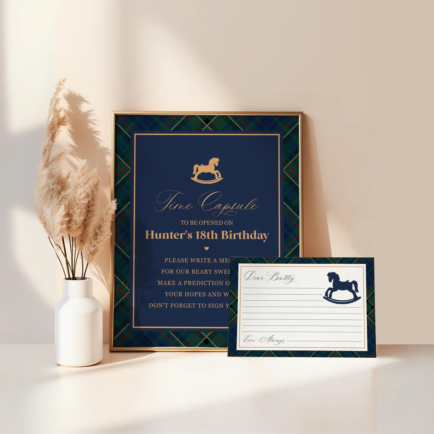 Classic Rocking Horse Time Capsule Template, Blue Tartan Plaid First Birthday Party, Old Money Timeless Bday Celebration WP1087