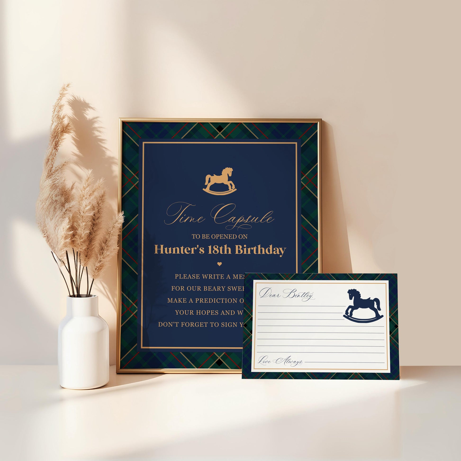 Classic Rocking Horse Time Capsule Template, Blue Tartan Plaid First Birthday Party, Old Money Timeless Bday Celebration WP1087
