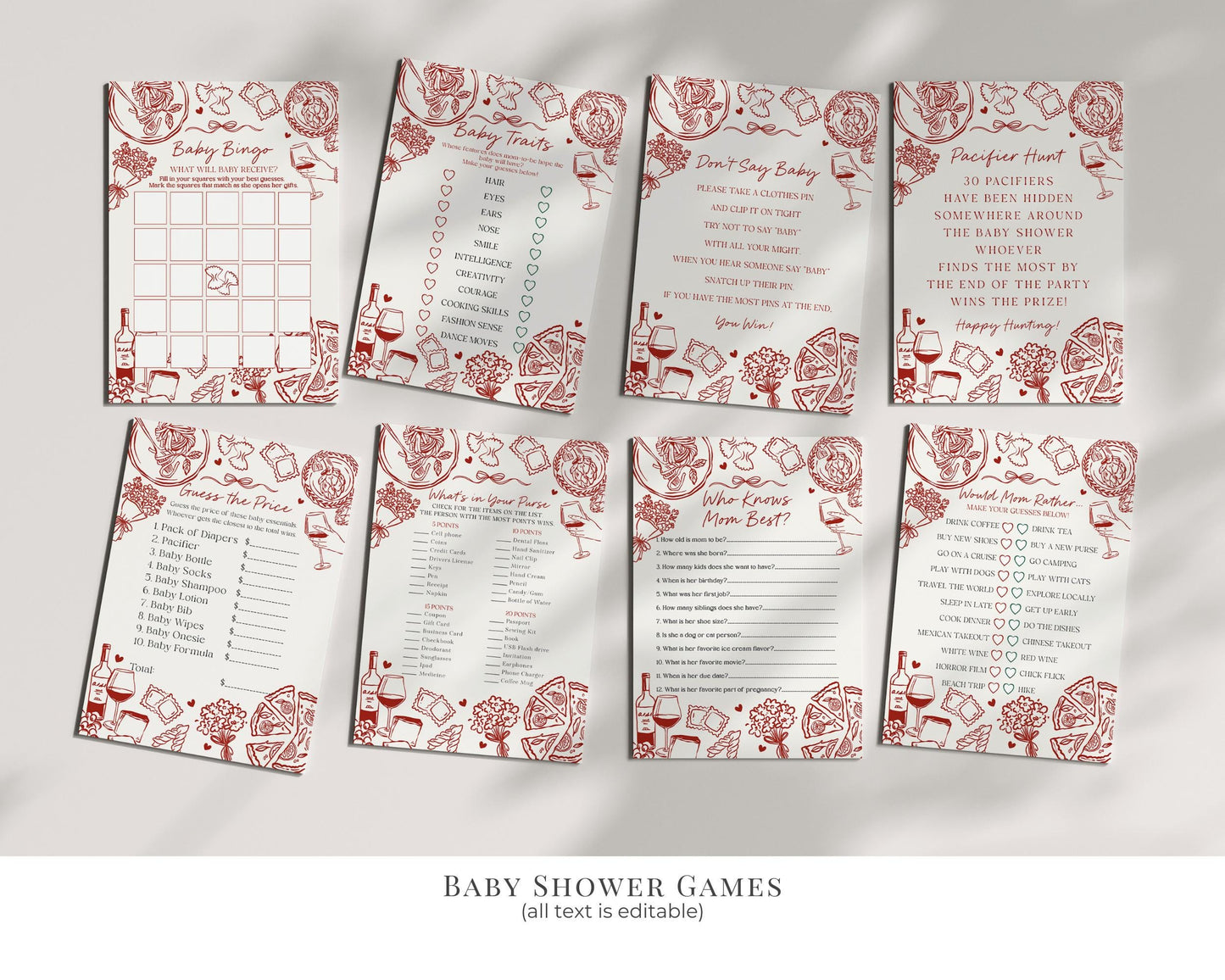 Red Pasta Baby Shower Printable Bundle, Special Delivery Ciao Baby Sprinkle, Italian Pasta and Pacifiers WP1085