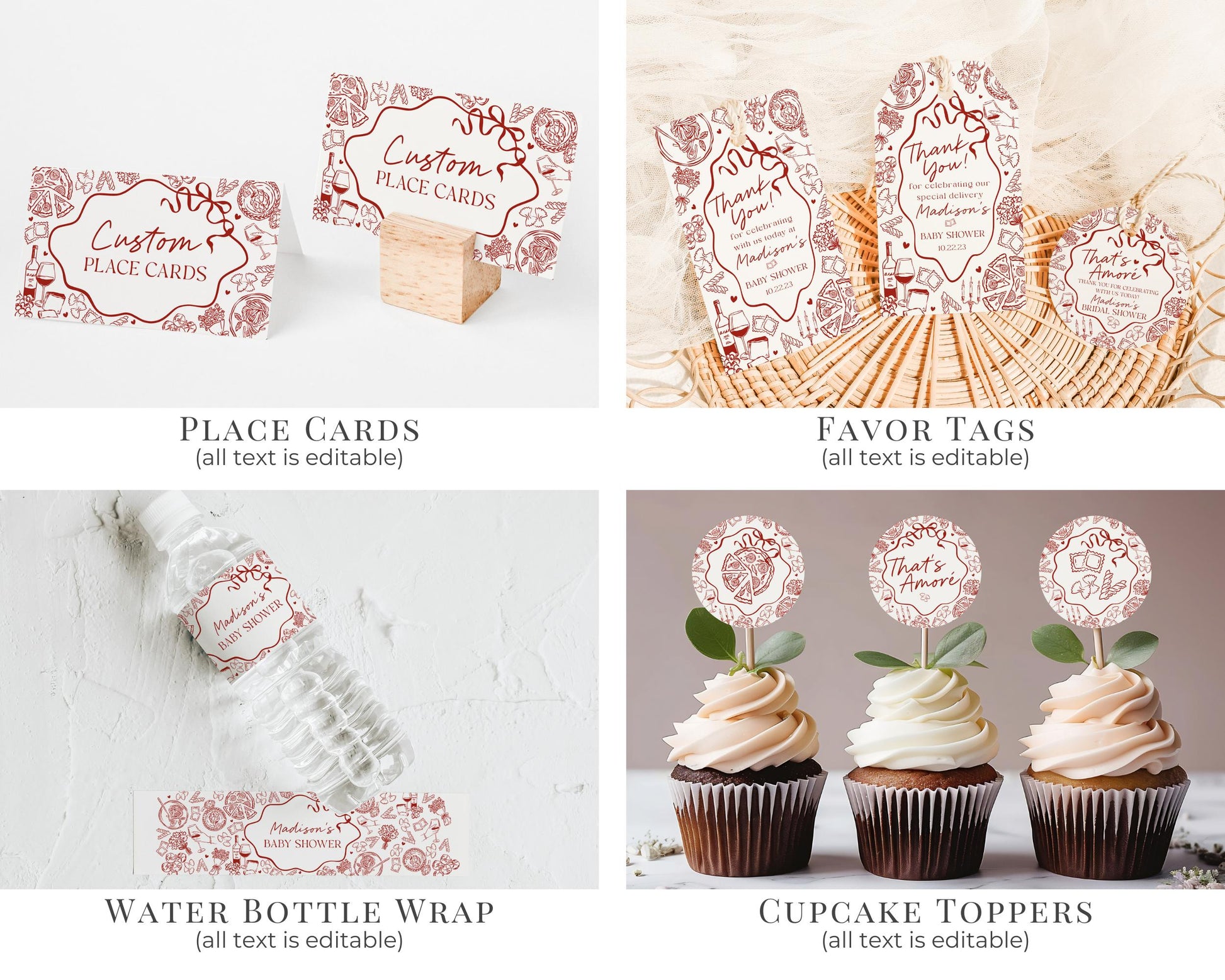 Red Pasta Baby Shower Printable Bundle, Special Delivery Ciao Baby Sprinkle, Italian Pasta and Pacifiers WP1085