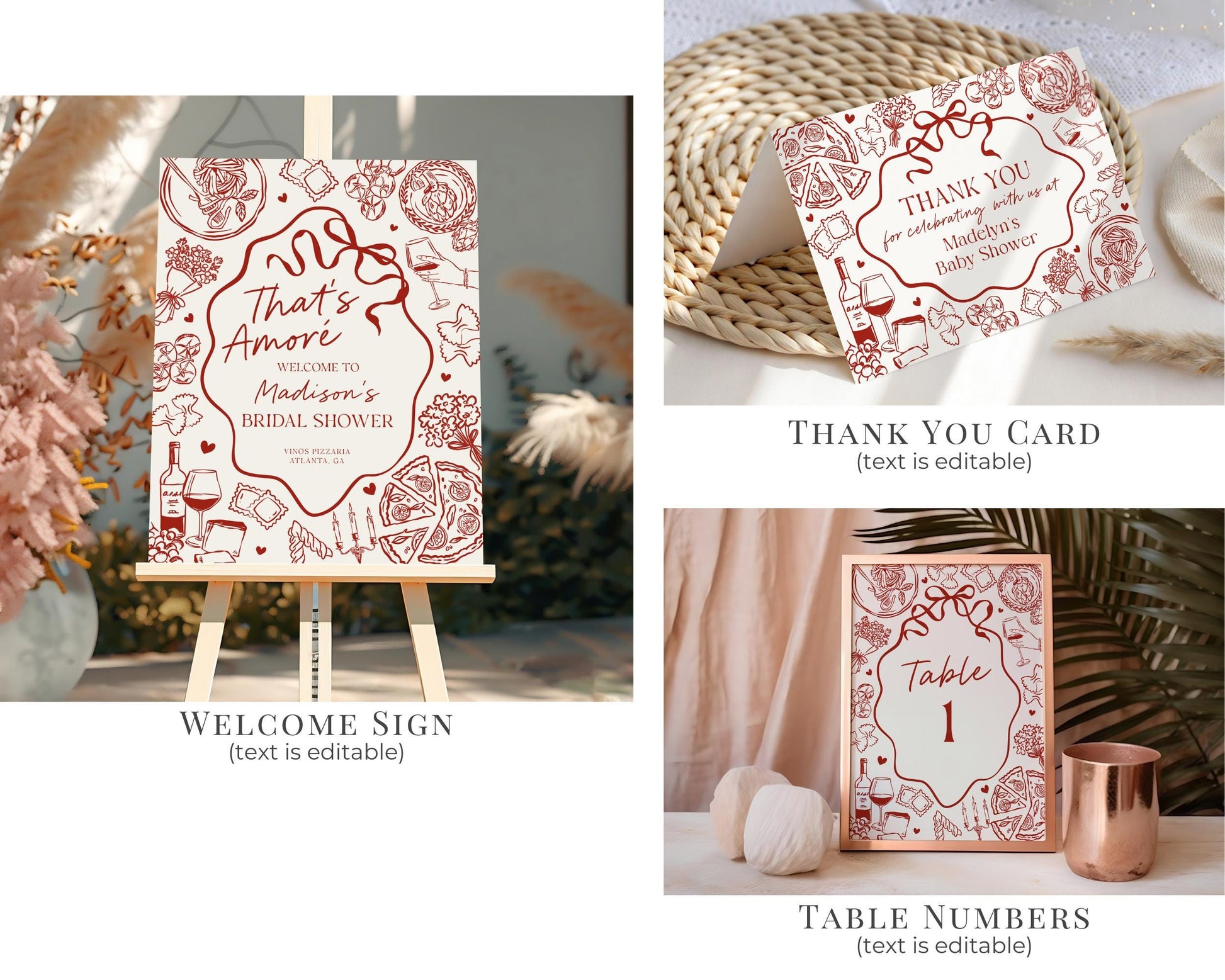 Red Pasta Bridal Shower Printable Template Bundle, That’s Amore Bridal Brunch with the Bride, Love and Pizza Italian Engagement Party WP1085