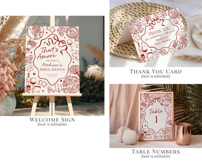Red Pasta Bridal Shower Printable Template Bundle, That’s Amore Bridal Brunch with the Bride, Love and Pizza Italian Engagement Party WP1085