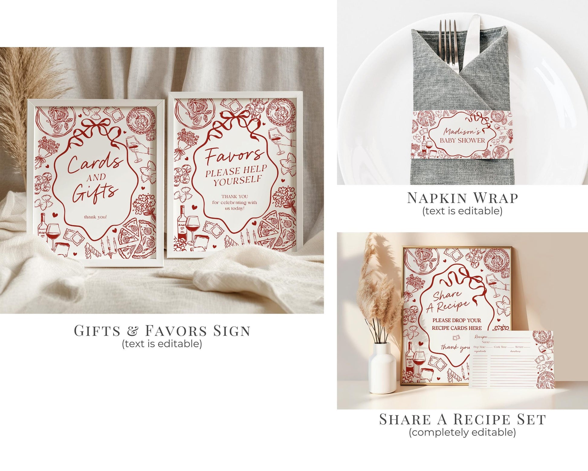 Red Pasta Bridal Shower Printable Template Bundle, That’s Amore Bridal Brunch with the Bride, Love and Pizza Italian Engagement Party WP1085