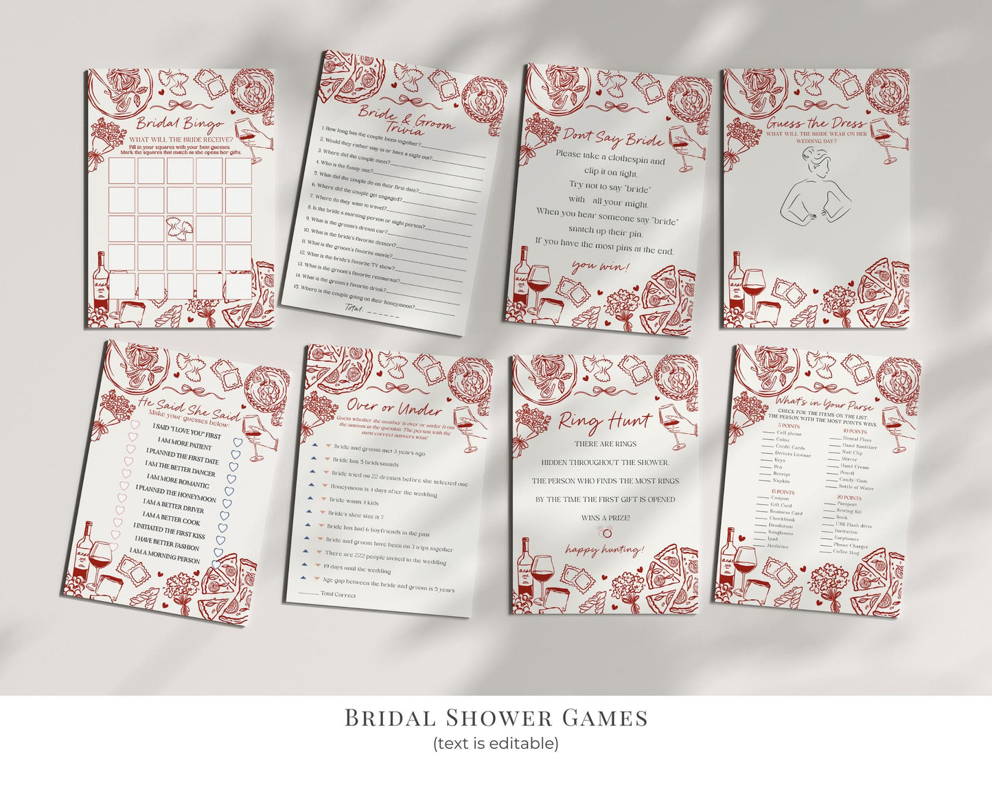 Red Pasta Bridal Shower Printable Template Bundle, That’s Amore Bridal Brunch with the Bride, Love and Pizza Italian Engagement Party WP1085