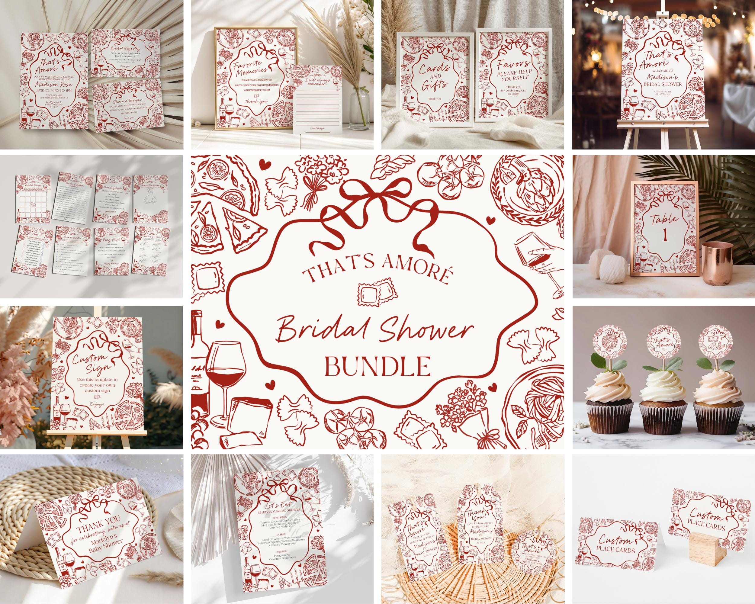 Red Pasta Bridal Shower Printable Template Bundle, That’s Amore Bridal Brunch with the Bride, Love and Pizza Italian Engagement Party WP1085