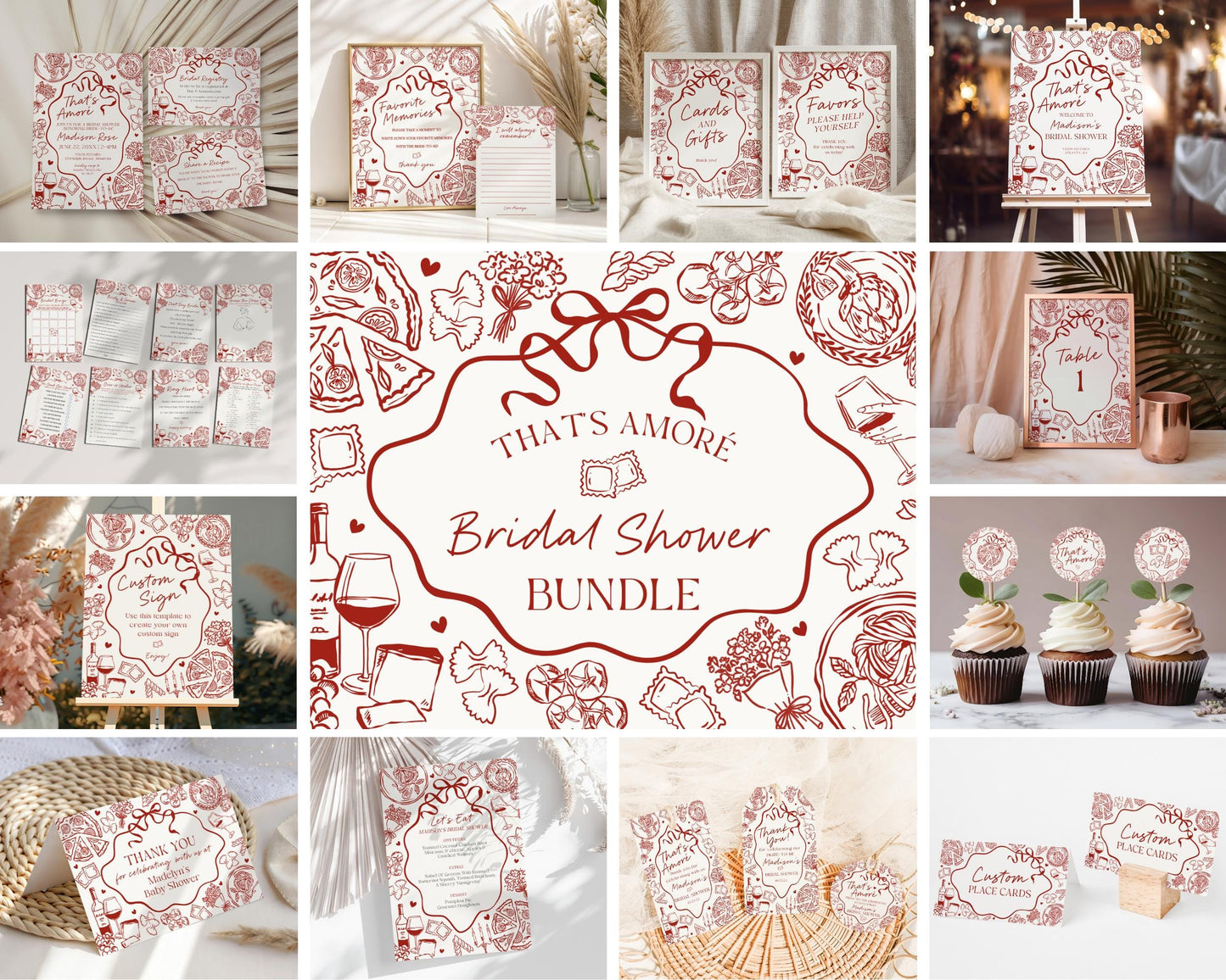 Red Pasta Bridal Shower Printable Template Bundle, That’s Amore Bridal Brunch with the Bride, Love and Pizza Italian Engagement Party WP1085