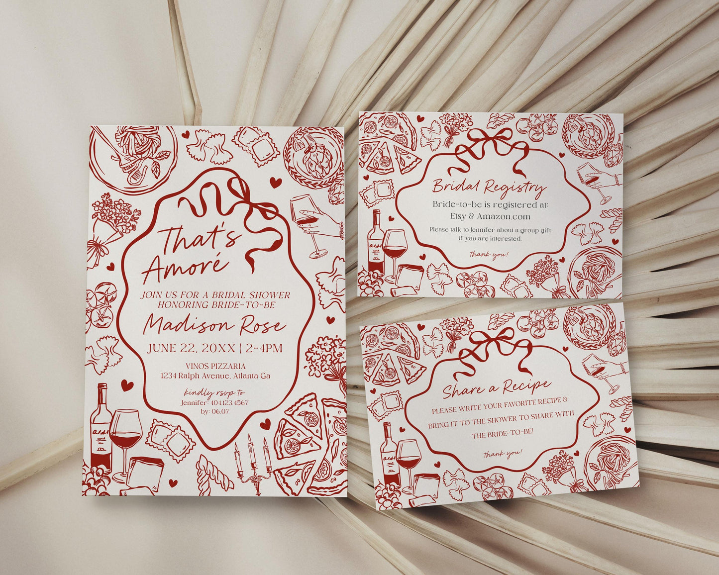 Red Pasta Bridal Shower Printable Template Bundle, That’s Amore Bridal Brunch with the Bride, Love and Pizza Italian Engagement Party WP1085