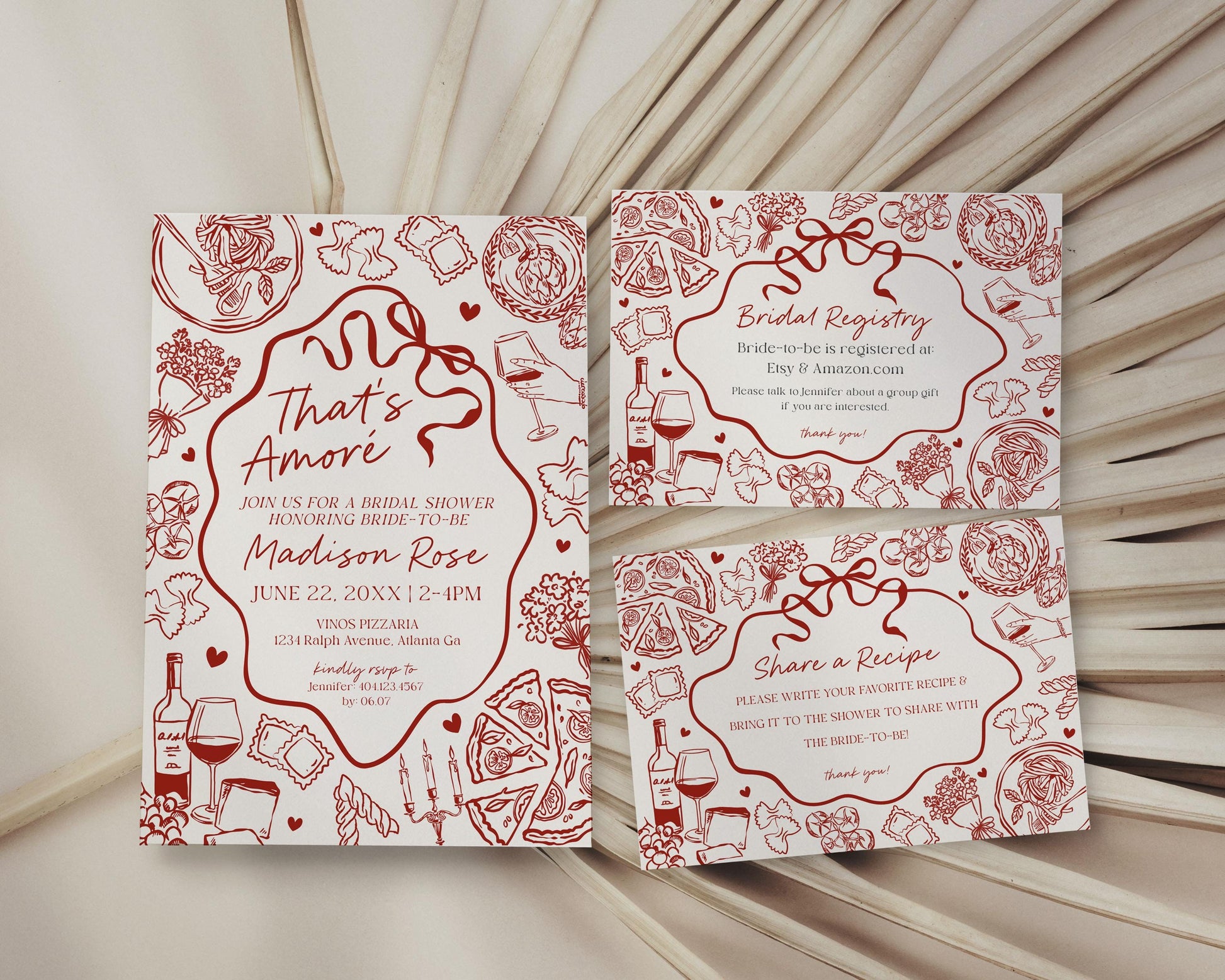 Red Pasta Bridal Shower Printable Template Bundle, That’s Amore Bridal Brunch with the Bride, Love and Pizza Italian Engagement Party WP1085