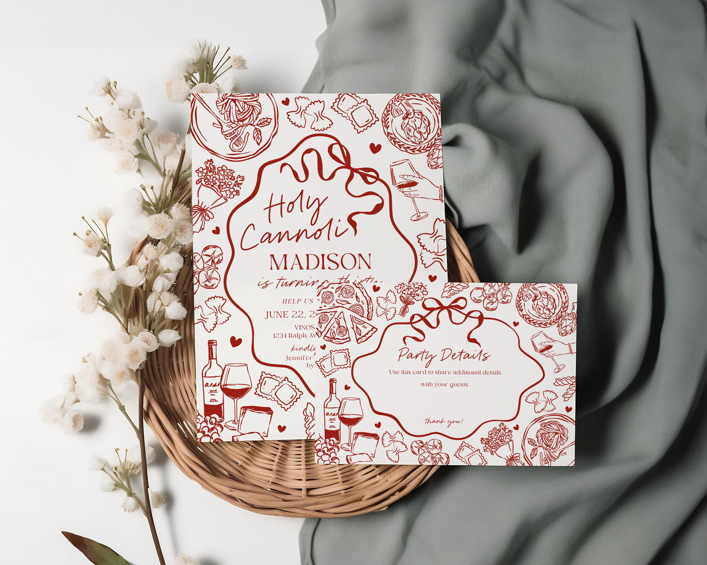 Red Pasta Birthday Invitation Printable Template, Holy Cannoli Birthday Party, Italian Theme Dinner Party Decor WP1085